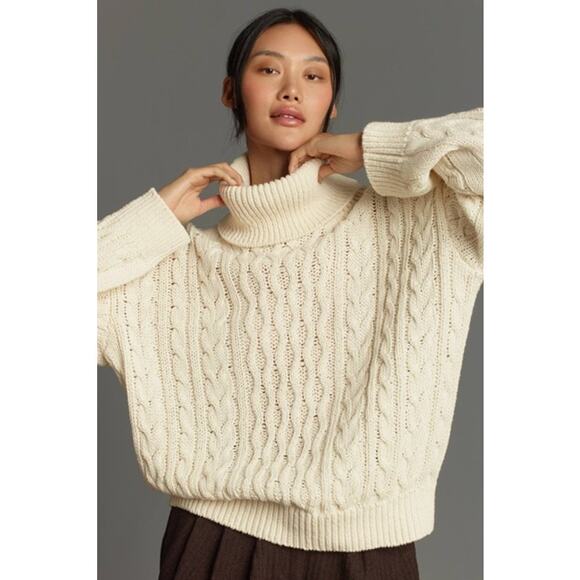 Anthropologie Pilcro Oversized Roll-Neck Cable Sweater in Cream Size XL - Picture 6 of 11